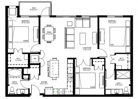 Floor plan for 3 beds, 2 baths, 1263 sqft